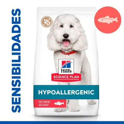 Hill's Science Plan Hypoallergenic, No Grain Salmon, embalagem com cão branco. Texto visível: SENSIBILIDADES. Ícones de peixe e sem cereais.