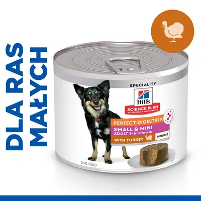 Hill's Science Plan Perfect Digestion Small & Mini Adult 1–6 do 10 kg z indykiem, mousse. Dla ras małych. Widoczny pies i kawałek karmy na talerzu. Hill's Science Plan Perfect Digestion Small & Mini Adult 1–6 do 10 kg z indykiem, mousse. Dla ras małych. Widoczny pies i kawałek karmy na talerzu.