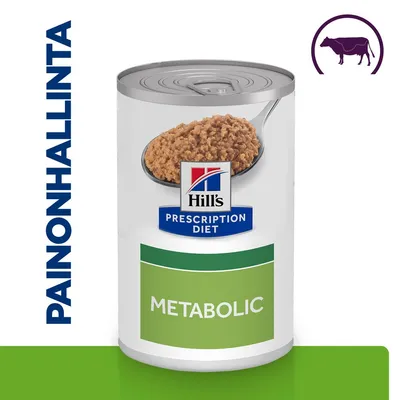 Hill's Prescription Diet Metabolic -purkki, etiketti: painonhallinta, vihreä laatikko tekstillä METABOLIC, ylhäällä lehmän siluetti, purkin päällä ruokaa lusikassa.