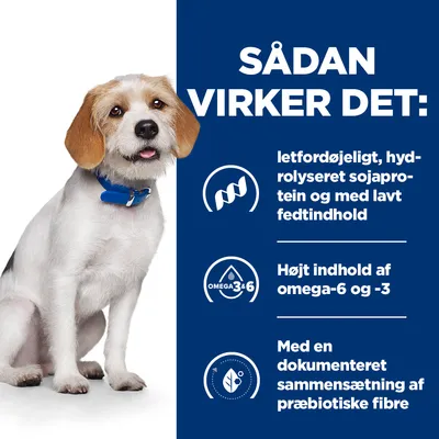 Sådan virker det: letfordøjeligt, hydrolyseret sojaprotein og med lavt fedtindhold. Højt indhold af omega-6 og -3. Med en dokumenteret sammensætning af præbiotiske fibre.