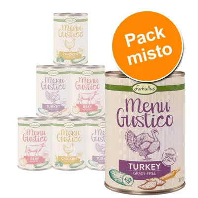 Latas de comida para cão Lukullus Menu Gustico, variedades visíveis: Turkey, Chicken e Beef. Texto em destaque: Pack misto. Rótulos indicam 'grain-free' e 400 g.