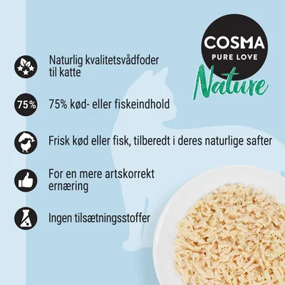 COSMA Pure Love Nature. Naturlig kvalitetsvådfoder til katte, 75 % kød- eller fiskeindhold, frisk kød eller fisk i naturlige safter, ingen tilsætningsstoffer, artskorrekt ernæring.