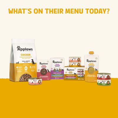 Applaws dog food and snacks: Chicken dry food, Taste Toppers in broth and gravy, Chicken Bone Broth, various wet food cans and trays.