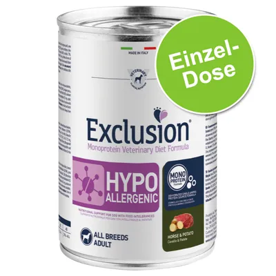 Exclusion Monoprotein Veterinary Diet Formula HYPOALLERGENIC, cheval & pomme de terre, boîte individuelle, pour chiens adultes toutes races. Texte allemand : Einzel-Dose.