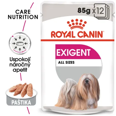 ROYAL CANIN EXIGENT ALL SIZES, 85g x12, paštika, uspokojí náročný apetit, obrázek psa s dlouhou srstí na obalu ROYAL CANIN EXIGENT ALL SIZES, 85g x12, paštika, uspokojí náročný apetit, obrázek psa s dlouhou srstí na obalu