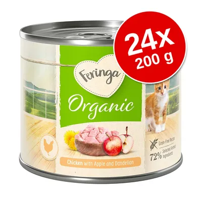 Conservă Feringa Organic, 24x200 g, Chicken with Apple and Dandelion, 72 % Selected Animal Ingredients, Grain-Free Recipe, imagine cu pisică și ingrediente vizibile pe etichetă.
