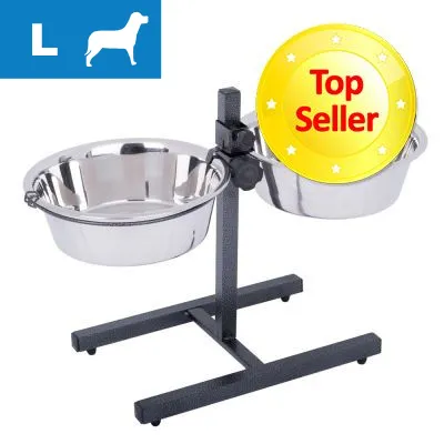 Två rostfria skålar på justerbart stativ, storlek L för hund. Gul cirkel med texten 'Top Seller' synlig.
