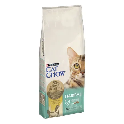 Purina Cat Chow Hairball, 50% animal proteins, rich in chicken, con prebiotico naturale. Nessuna aggiunta di aromi, coloranti o conservanti artificiali visibile sulla confezione.