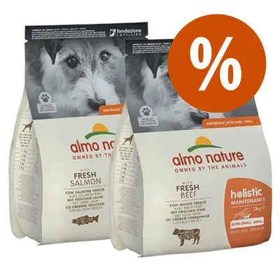 Due confezioni di crocchette per cani Almo Nature Holistic Maintenance, una con salmone fresco e una con manzo fresco, visibile simbolo percentuale promozionale arancione.