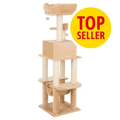 Tiragraffi beige a più livelli con cuccia superiore, colonne in sisal e amaca. Cerchio giallo con testo: TOP SELLER.