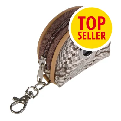 Pouzdro s kovovou karabinou a zipem, vzor kosti, žlutý kruh s červeným textem TOP SELLER