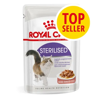 Royal Canin Sterilised, bustina con gatto e scritta 'TOP SELLER' su bollino giallo. Testo visibile: STERILISED, SOßE-SAUCE-СОУС, Feline Health Nutrition.