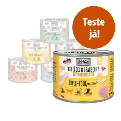 Várias latas de comida para gatos MAC's Super Food for Cats, incluindo Geflügel & Cranberry. Texto visível: 'Teste já!'. Rótulos em alemão e inglês.