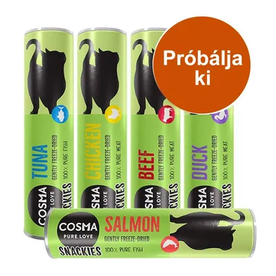 Cosma Snackies macska jutalomfalat: Tuna, Chicken, Beef, Duck, Salmon. Felirat: Próbálja ki. 100% pure meat/fish, gently freeze-dried.