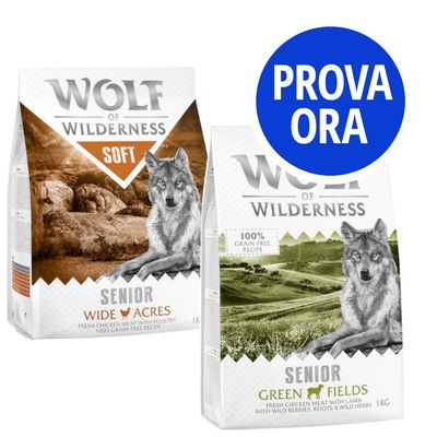 Provalo! Wolf of Wilderness Senior 2 x 1 kg 2 varianti: "Green Fields" - Agnello" e "Soft - Wide Acres" - Pollo"