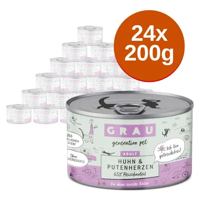 GRAU generation pet Adult Huhn & Putenherzen macskaeledel, 24×200 g konzerv, 65% hústartalom, Ich bin getreidefrei!, Mit natürlichen Zutaten, Ohne Zuckerzusatz feliratokkal