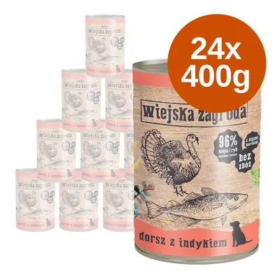 Wiejska Zagroda dorsz z indykiem, 24x400g. 96% mięsa i ryb, bez zbóż, z algami morskimi. Widoczne puszki karmy dla psów.
