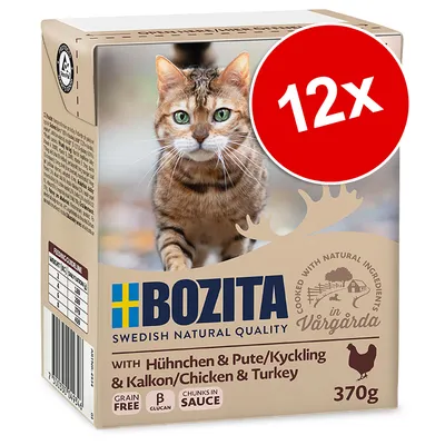 BOZITA Swedish Natural Quality, 12x 370g, chunks in sauce, s kuřecím a krůtím masem. Grain free, beta-glukan. Na obalu fotografie kočky.