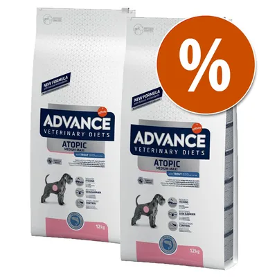 Duas embalagens de ração Advance Veterinary Diets Atopic Medium-Maxi with Trout, 12 kg cada, com selo de desconto percentual visível no canto superior direito. Duas embalagens de ração Advance Veterinary Diets Atopic Medium-Maxi with Trout, 12 kg cada, com selo de desconto percentual visível no canto superior direito.