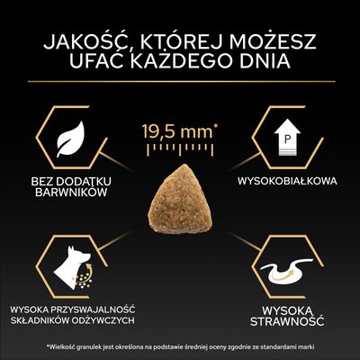 Wielkość krokietów 19,5 mm, bez dodatku barwników, wysoka strawność, wysoki poziom białka, wysoka przyswajalność składników odżywczych. Tekst: Jakość, której możesz zaufać każdego dnia.