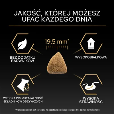 Wielkość krokietów 19,5 mm, bez dodatku barwników, wysoka strawność, wysoki poziom białka, wysoka przyswajalność składników odżywczych. Tekst: Jakość, której możesz zaufać każdego dnia. Wielkość krokietów 19,5 mm, bez dodatku barwników, wysoka strawność, wysoki poziom białka, wysoka przyswajalność składników odżywczych. Tekst: Jakość, której możesz zaufać każdego dnia.