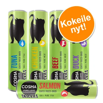 Cosma Pure Love Snackies -kissanherkut: Tuna, Chicken, Beef, Duck, Salmon. Teksti oranssissa ympyrässä: Kokeile nyt! 100 % pure meat/fish, gently freeze-dried.
