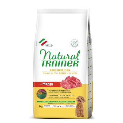 Sacchetto Natural Trainer Daily Nutrition Small & Toy Adult >10 mesi con Manzo, 7 kg. Benessere intestinale con macroalghe, supporta vitalità con spirulina. Preparato in Italia.