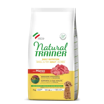 Sacchetto Natural Trainer Daily Nutrition Small & Toy Adult >10 mesi con Manzo, 7 kg. Benessere intestinale con macroalghe, supporta vitalità con spirulina. Preparato in Italia.