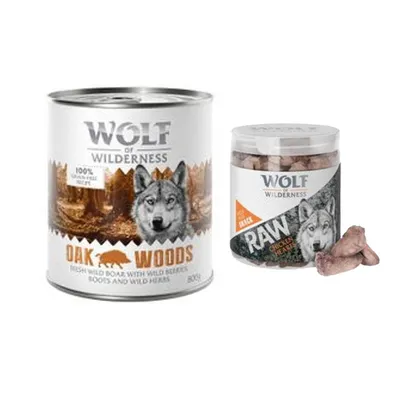 Wolf of Wilderness Kombi-Paket: 24 x 800 g Nassfutter + 4 x 70 g RAW Snacks - Oak Woods - Wildschwein + Hühnerherzen
