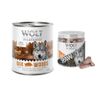 Wolf of Wilderness Kombi-Paket: 24 x 800 g Nassfutter + 4 x 70 g RAW Snacks Oak Woods - Wildschwein + Hühnerherzen