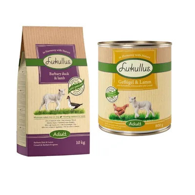 Lukullus Kaltgepresst Kombi-Paket: 10 kg Trockenfutter + 24 x 800 g Nassfutter - Adult Barbarie-Ente & Lamm + Geflügel & Lamm  Lukullus Kaltgepresst Kombi-Paket: 10 kg Trockenfutter + 24 x 800 g Nassfutter - Adult Barbarie-Ente & Lamm + Geflügel & Lamm
