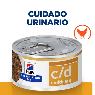 Lata de Hill's Prescription Diet c/d Multicare, texto visible: 'CUIDADO URINARIO', icono de pollo naranja en círculo. Etiqueta con logotipo Hill's y nombre del producto.