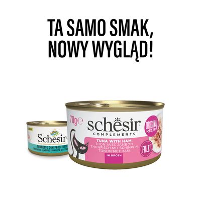 Schesir Complements Variety Pack dla dorosłych kotów, 6x70g. Trzy rodzaje: tuńczyk, tuńczyk z doradą, tuńczyk z marchewką. 100% naturalne filety w bulionie, oryginalna receptura.