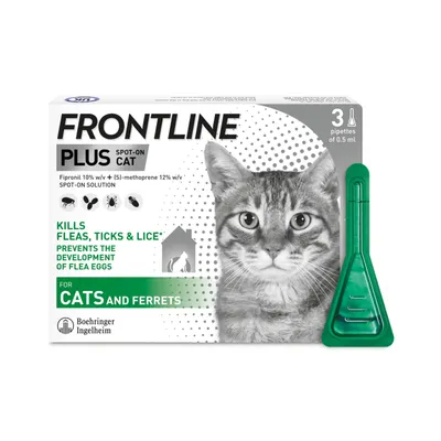 Frontline Plus Spot-On for cats and ferrets, kills fleas, ticks and lice, prevents flea eggs developing, 3 pipettes of 0.5ml each, Fipronil and (S)-methoprene solution.