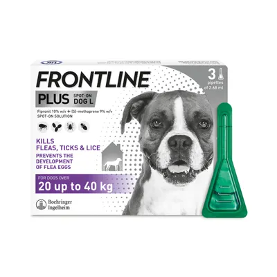 Frontline Plus spot-on solution for dogs over 20 up to 40 kg, kills fleas, ticks and lice, prevents flea eggs development, includes 3 pipettes of 2.68 ml each.