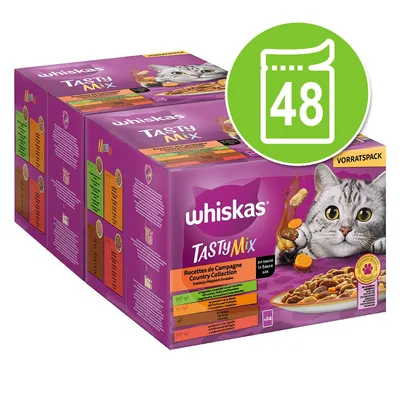 whiskas Tasty Mix Country Collection macskaeledel, 48 tasakos készlet, lila doboz, macskaképpel és tál étellel. Felirat: Vorratspack, Recettes de Campagne, en sauce. whiskas Tasty Mix Country Collection macskaeledel, 48 tasakos készlet, lila doboz, macskaképpel és tál étellel. Felirat: Vorratspack, Recettes de Campagne, en sauce.