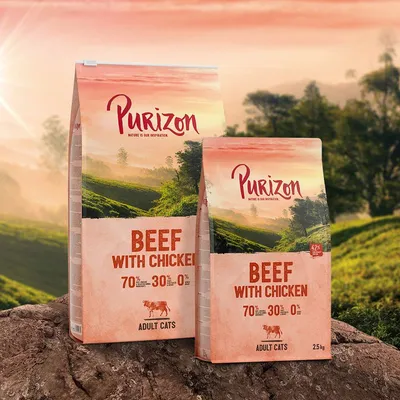 Purizon BEEF WITH CHICKEN pro dospělé kočky, 70 % maso a ryby, 30 % ovoce a zelenina, 0 % obilovin, balení 2,5 kg a větší. Text v angličtině. Purizon BEEF WITH CHICKEN pro dospělé kočky, 70 % maso a ryby, 30 % ovoce a zelenina, 0 % obilovin, balení 2,5 kg a větší. Text v angličtině.