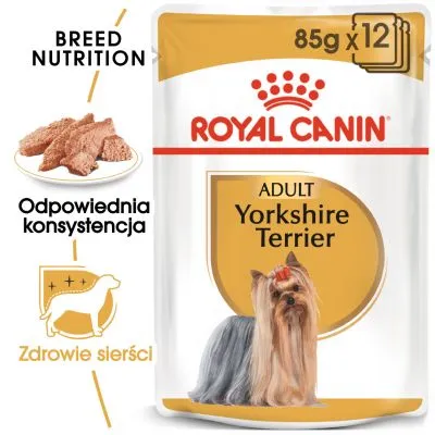 ROYAL CANIN ADULT Yorkshire Terrier 85 g x12, odpowiednia konsystencja, zdrowie sierści, BREED NUTRITION. Opakowanie z wizerunkiem psa rasy yorkshire terrier.