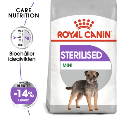 Royal Canin Sterilised Mini hundfoder. Text: Bibehåller idealvikten, bevisade resultat -14 % kalorier. Bild på liten hund och förpackning.