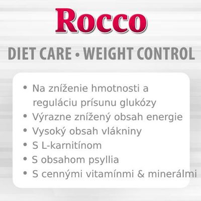 Rocco DIET CARE WEIGHT CONTROL: na zníženie hmotnosti, reguláciu prísunu glukózy, znížený obsah energie, vysoký obsah vlákniny, L-karnitín, psyllium, vitamíny a minerály.