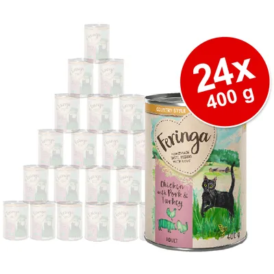 Pack de 24 latas de 400 g de Feringa Chicken with Pork & Turkey Adult. Imagen de lata con ilustración de gato negro y texto en inglés visible en la etiqueta.