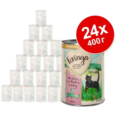 Feringa Chicken with Pork & Turkey, 24 консерви по 400 г за котки. Надпис: 24x 400 г. На етикета има черна котка и илюстрация на съставките.