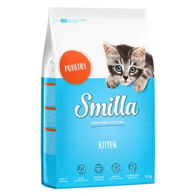 Smilla Kitten torrfoder med texten POULTRY, FOOD FOR A LIFETIME, 10 kg. Ikoner: High acceptance, contains taurine, omega fatty acids, harmonious growth. Tillverkad i Tyskland.