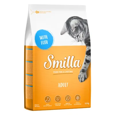 Smilla Adult z rybą, karma dla dorosłych kotów, 10 kg. Widoczne ikony: wysoka akceptacja, zawiera taurynę, kwasy tłuszczowe omega, yucca schidigera. Made in Germany.