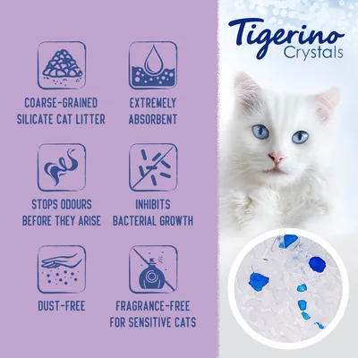 Tigerino Crystals - karkearakeinen silikaattikissanhiekka, erittäin imukykyinen, ehkäisee hajuja ja bakteerien kasvua, pölytön, hajusteeton herkille kissoille. Teksti englanniksi.