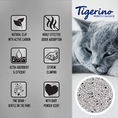 Tigerino Performance. Natural clay with active carbon, highly effective odour absorption, ultra absorbent & efficient, extreme clumping, fine grain gentle on the paws, with baby powder scent.