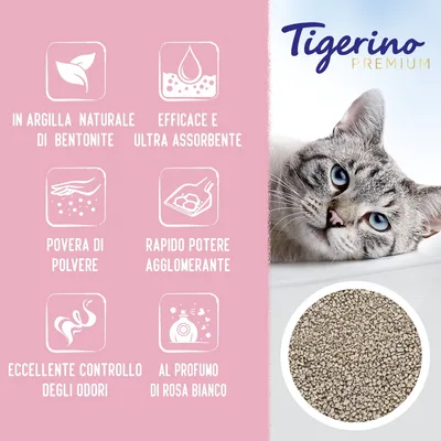 Tigerino Premium lettiera per gatti, in argilla naturale di bentonite, efficace e ultra assorbente, povera di polvere, rapido potere agglomerante, controllo odori, profumo rosa bianco.
