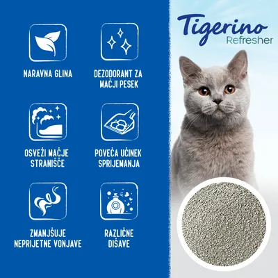 Tigerino Refresher, naravna glina, deodorant za mačji pesek, osveži mačje stranišče, poveča učinek sprijemanja, zmanjšuje neprijetne vonjave, različne dišave. Siva mačka in pesek.