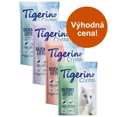Balení Tigerino Crystals Silicate Litter v různých barvách, nápisy: Light & economical, Stops odours before they arise, Inhibits bacterial growth, Dust-free. Oranžový kruh: Výhodná cena!