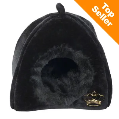 Čierny plyšový domček pre mačky alebo malé psy s otvorom vpredu a zlatou korunkou. Oranžový roh s textom Top Seller. Čierny plyšový domček pre mačky alebo malé psy s otvorom vpredu a zlatou korunkou. Oranžový roh s textom Top Seller.